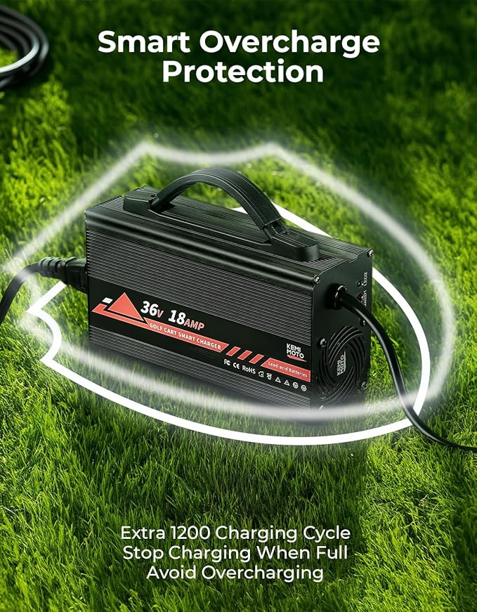 KEMIMOTO Onboard 36V Golf Cart Charger with Universal Fit, 18A Golf Cart Battery Charger, Overcharge Protection, BMS, Full in 4-6H, Trickle Charge, 16 ft, D-Plug, for Lead Acid Battery