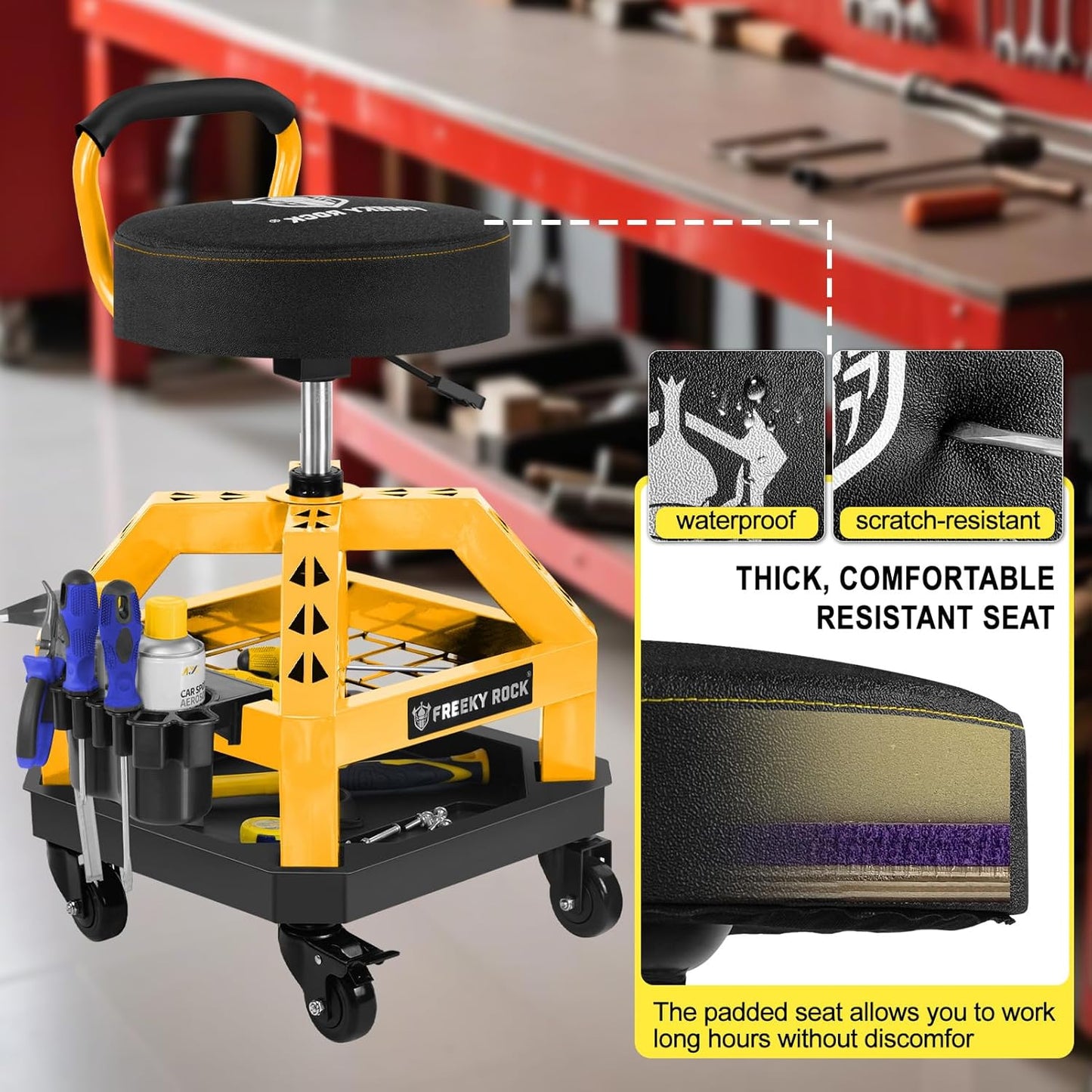 Rolling Shop Stool with Wheels, Heavy Duty Garage Work Mechanic Stool with Backrest, Adjustable Height 360°Swivel Rolling Chair with Tool Tray Storage, 330 LBS Capacity, Yellow