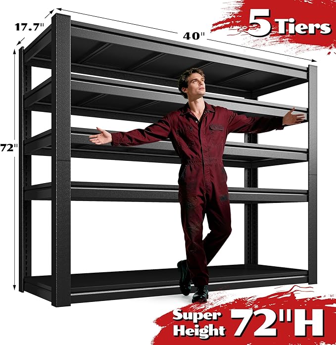 2550LBS Storage Shelves, 40" W Garage Shelving Heavy Duty, Adjustable Metal Shelving Unit, Storage Rack for Garage, Basement, Warehouse with Tool-Free Assembly, 40" W x 17.7" D x 72" H