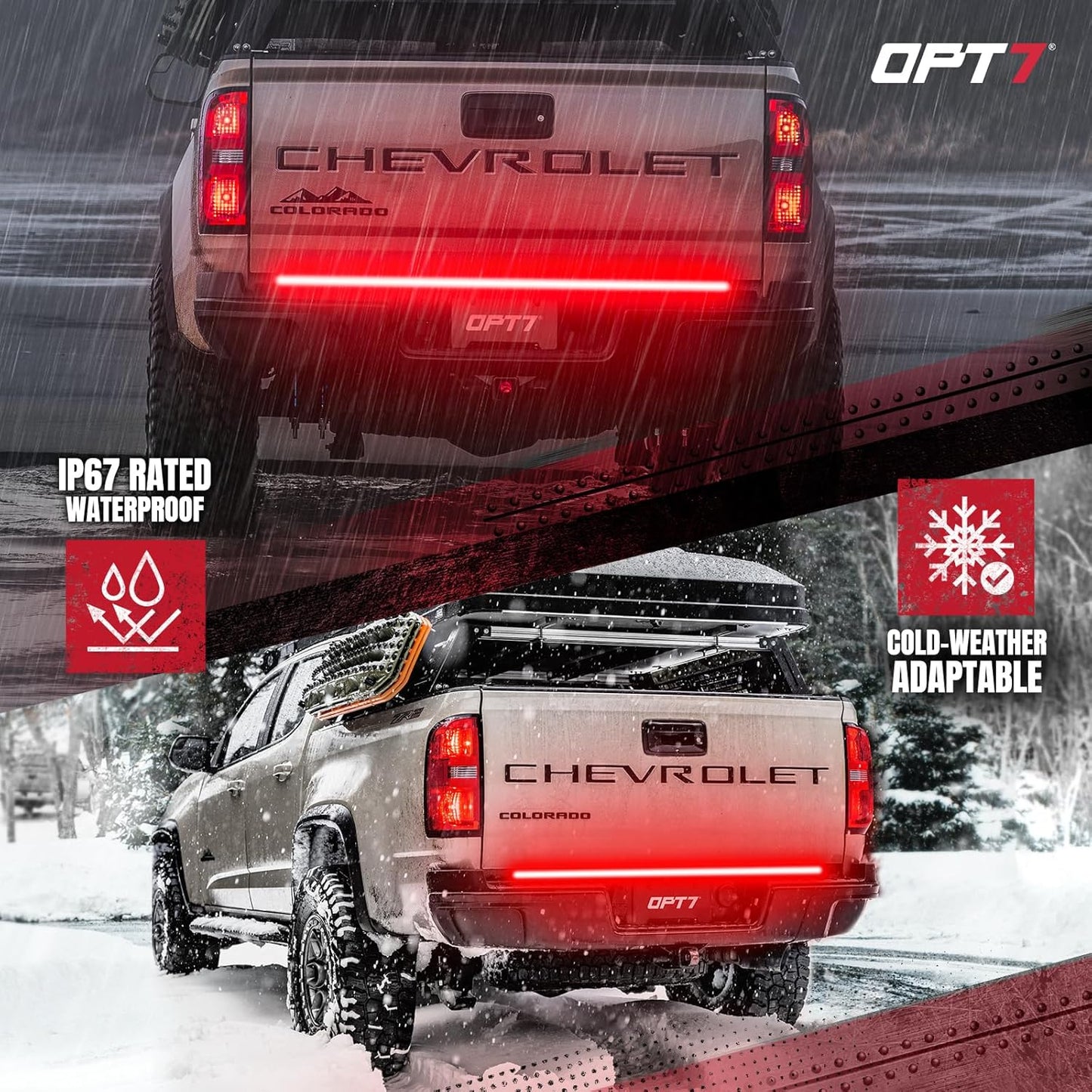 OPT7 48" Redline Triple Row LED Tailgate Light Bar w/Sequential RED Turn Signal - Weatherproof Rigid Aluminum Frame Light Strip for Colorado Canyon Frontier - Full Functions Reverse Brake Running