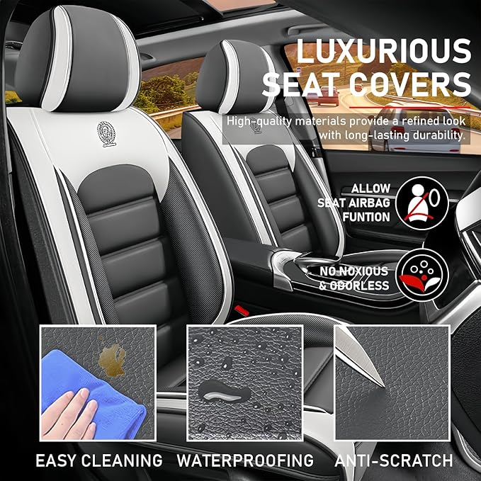 Car Seat Covers Fit for Toyota Highlander 2000-2025 | 7 Seat Car Seat Cover | No-Slip Waterproof Breathable Faux Leather Automotive Seat Covers Auto Interior Covers White Gray,Full Set
