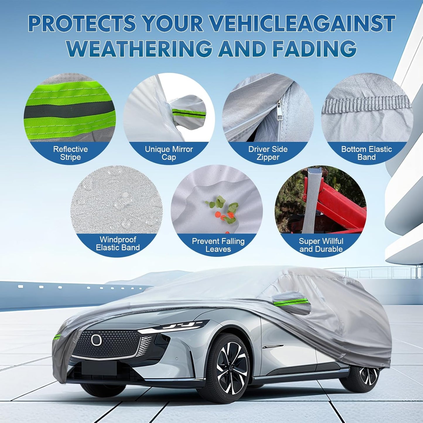 KEYOOG 6-Layer Full Car Cover is All-Weather Waterproof, Universal in All Seasons, Snow Prevention, Rainproof, Acid Rainproof, Sunscreen, Ultraviolet-Proof, Applicable to SUV and MPV (181"-190")