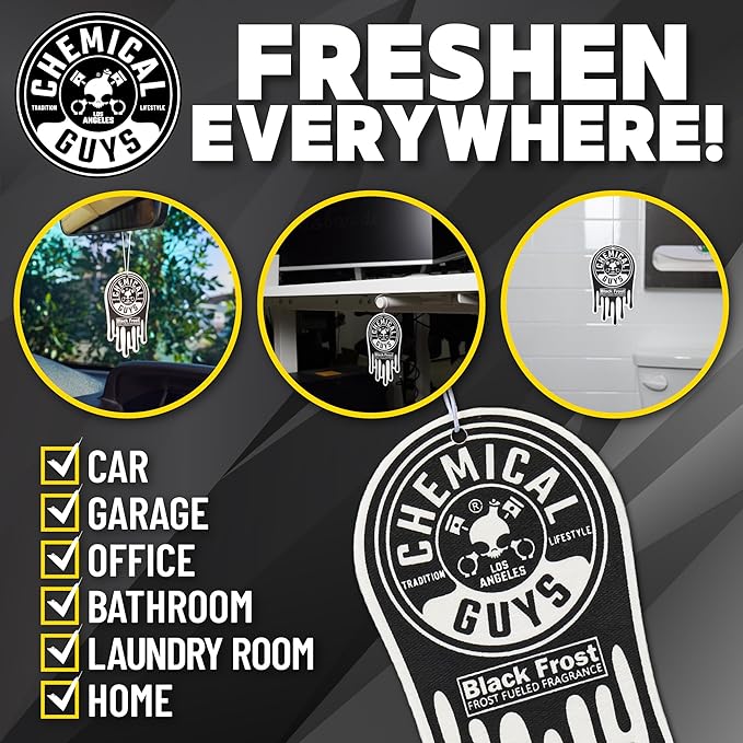 Chemical Guys Hanging Air Freshener, Black Frost Scent 12 Pack, Great for Cars, Trucks, SUVs, RVs, Home, Garage, Workspace, Dorm Room & More (4 x 3 Packs) - AIR40504
