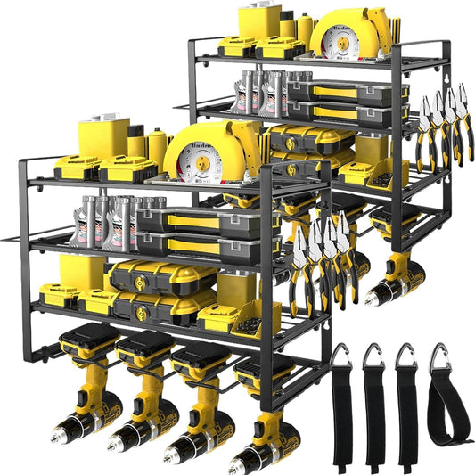 Power Tool Organizer Wall Mount, 2 Pack 4 Layers Garage Wall Shelving, 8 Drill Holder Wall Mount, Cordless Tool Organizer, Garage Storage Rack with 4 Extension Cord Holder