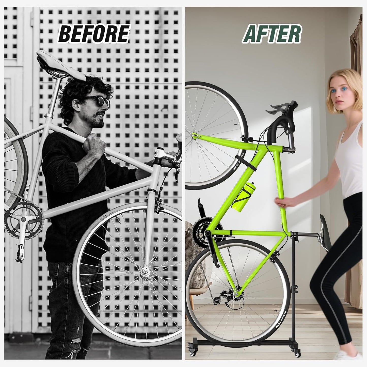 Vertical Bike Stand, Upright Bike Parking Rack Floor, Adjustable Bicycle Storage for Wheels Sizes up to 29", Freestanding Bicycle Organizer with Swivel Casters, Indoor Bike Holder for Garage Apartment