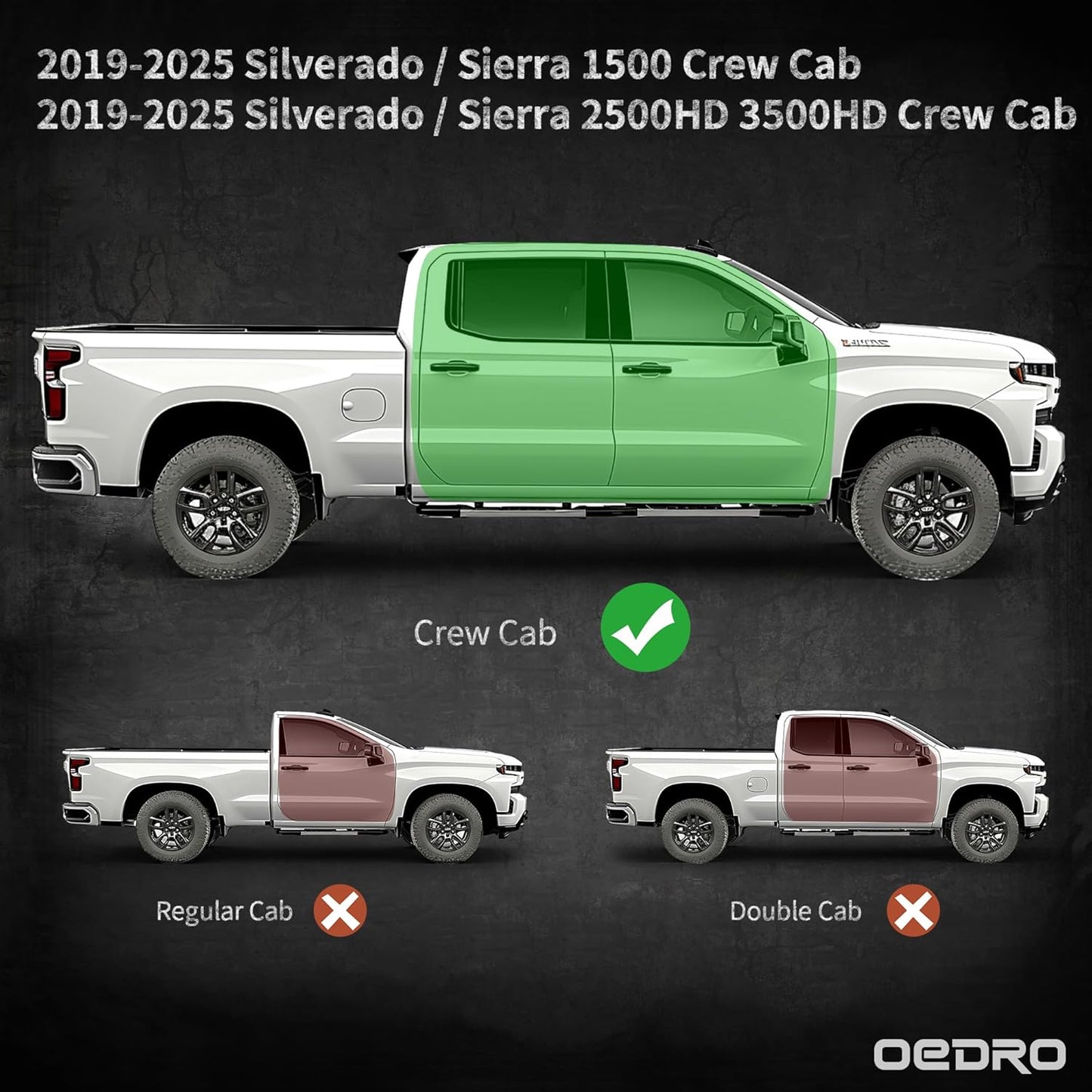 OEDRO Running Boards Compatible with 2019-2025 Chevy Silverado/GMC Sierra 1500, 2020-2025 2500HD 3500HD Crew Cab(Excl. 2019 1500 LD/Limited), Bolt-on Side Steps Steel Nerf Bars