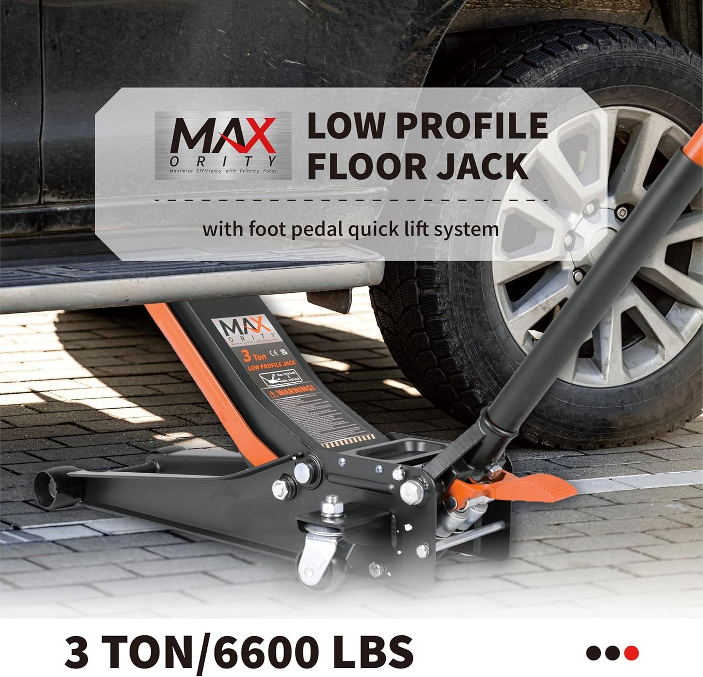 3-Ton (6600lbs) Low-Profile Dual Pistons Heavy-Duty Steel Racing Floor Jack with Quick Lift Hydraulic Pump, Foot Pedal and Magentic Pad for Car Maintenance (Orange, 3 Ton Low Profile)