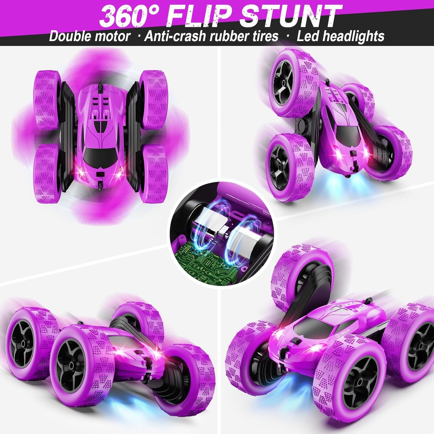 RC Cars, Purple Remote Control Car for Girls, 2.4 GHZ Double Sided RC Stunt Car 360° Rotating Remote Control Crawler with Headlights Car Toys for 6 7 8 9 10 11 12 Girls Birthday Gift