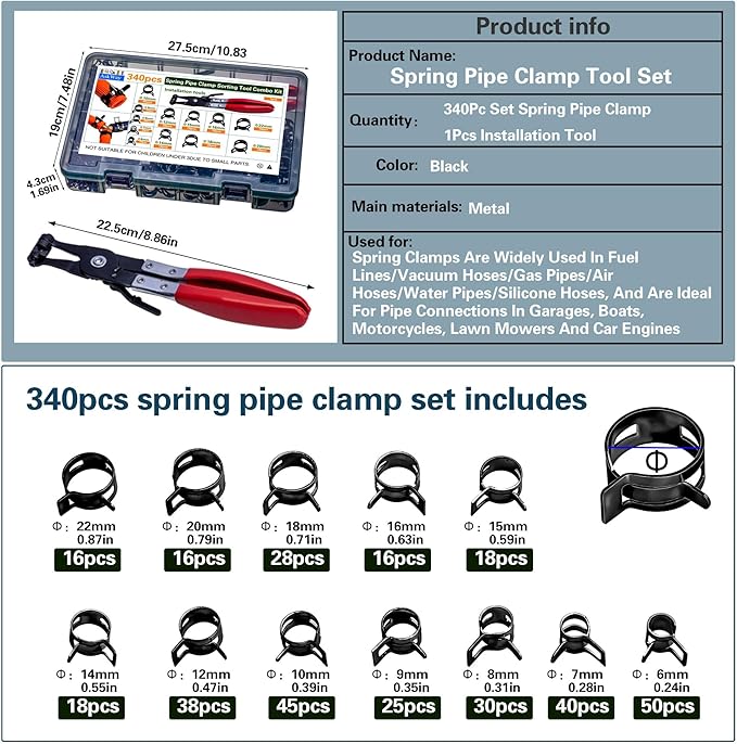 Spring Pipe Clamps340PCS, With Spring Pipe Clamp Tools, 12 Sizes 6-22mm Spring Hose Clamps, Used To Fix Hose Interfaces In Automotive, Marine, Gardening, Industrial Applications