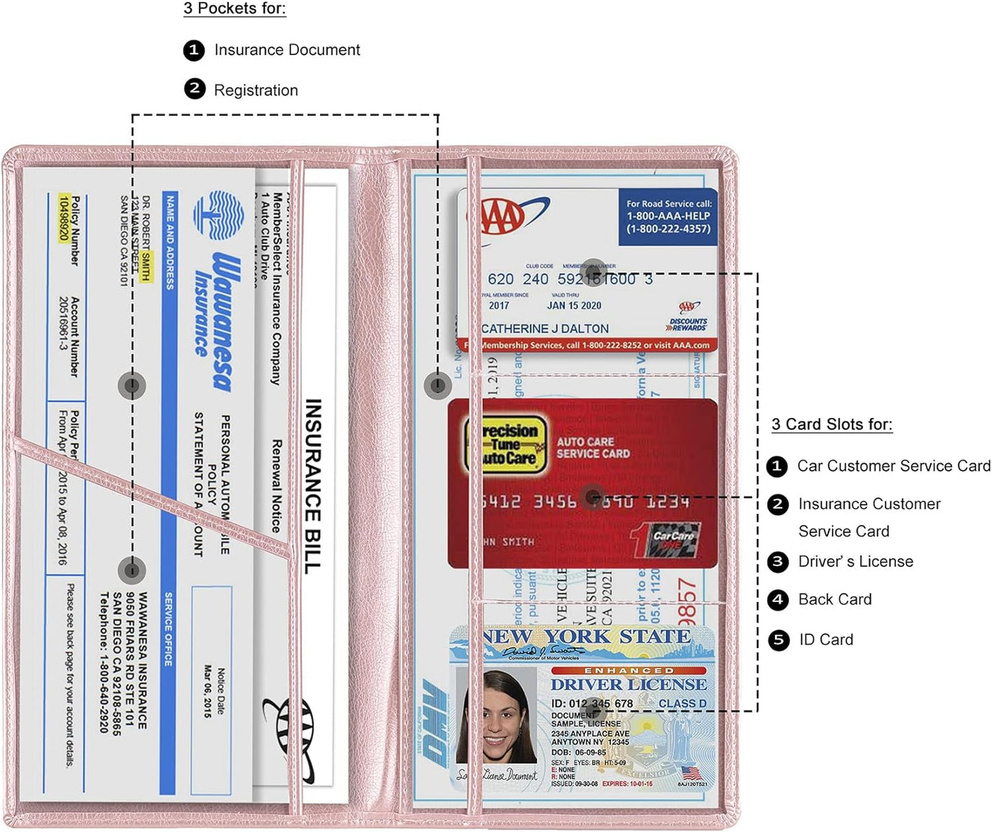 TOURSUIT Car Registration and Insurance Card Holder, Vehicle License Document Glove Box Compartment Organizer, Interior Car Accessories for Women Men Teens (Rose Gold)