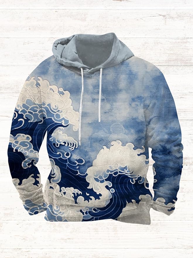 Mens Animal Print Graphic Hoodies Casual Long Sleeve Japanese Art Style Hooded Sweatshirt Lightweight Pullover Tops