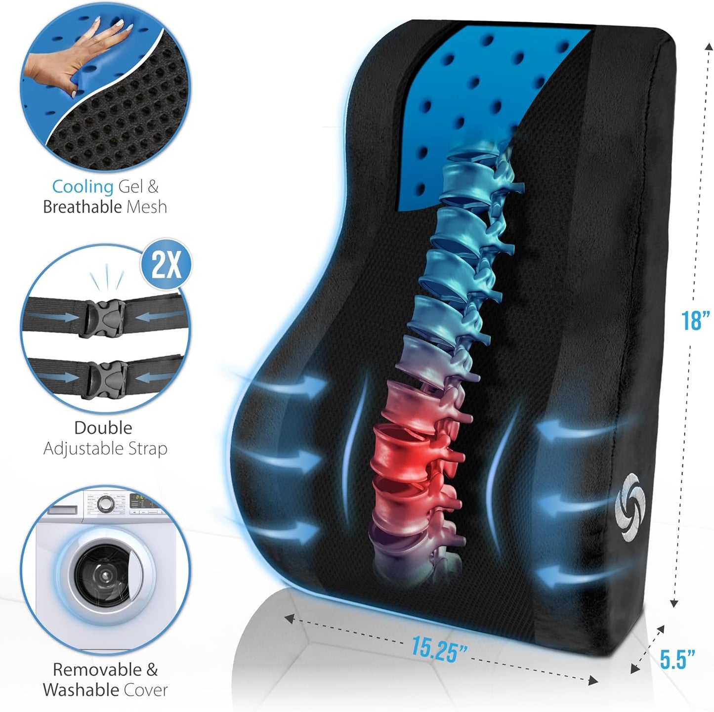 Samsonite Lumbar Support Pillow Mid and Lower Back with Cooling – Office Chair Back Cushion, Gaming Chair, Desk Chair, Car Seat Lumbar, Work from Home Office Accessories, Black with Cooling