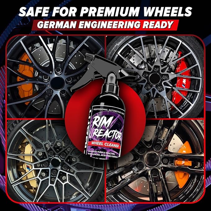Carfidant Rim Reactor Wheel and Tire Cleaner Spray - Easily Removes Brake Dust & Grime - Safe for Aluminum, Chrome & Black Wheels - Ideal for BMW, Mercedes, Audi & Porsche Wheels - pH Neutral - 16oz