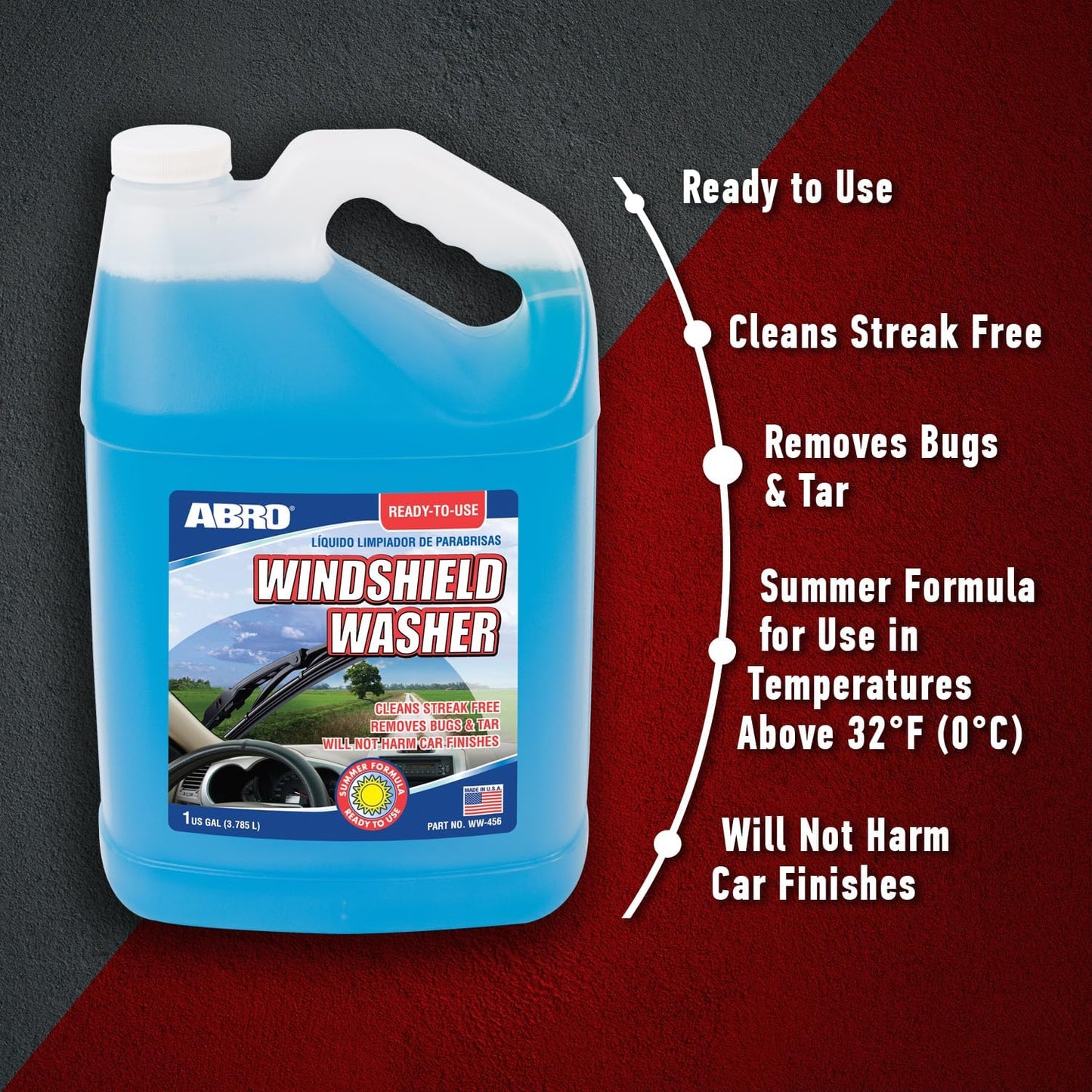 ABRO Windshield Washer Fluid Ready to Use Formula - 1 Gallon, Pre-Mixed, Streak-Free Cleanliness, 2-In-1 Removes Bugs & Tar
