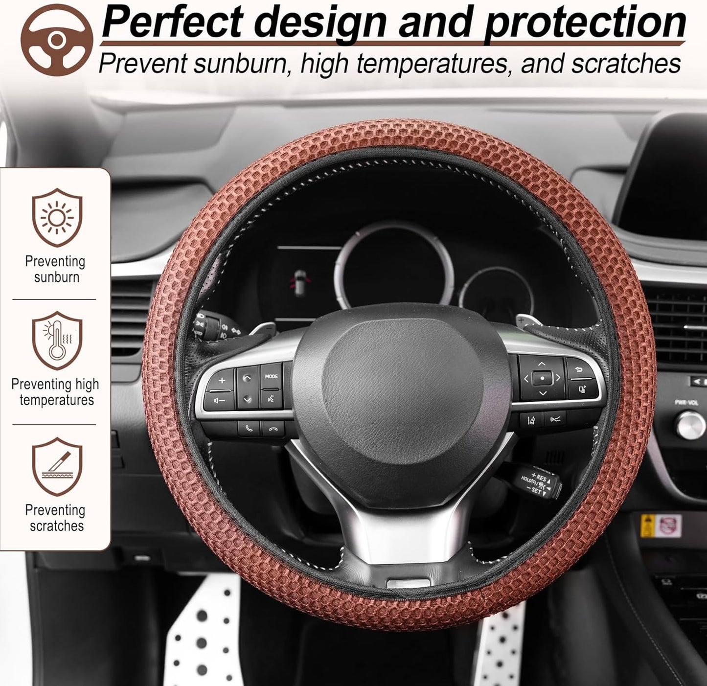 alpmosn Elastic Stretch Steering Wheel Cover, Breathable Microfiber Ice Silk, Anti-Slip, Easy Carry, Universal Interior Accessories Steering Wheel Cover for Women & Men (Brown-Black)