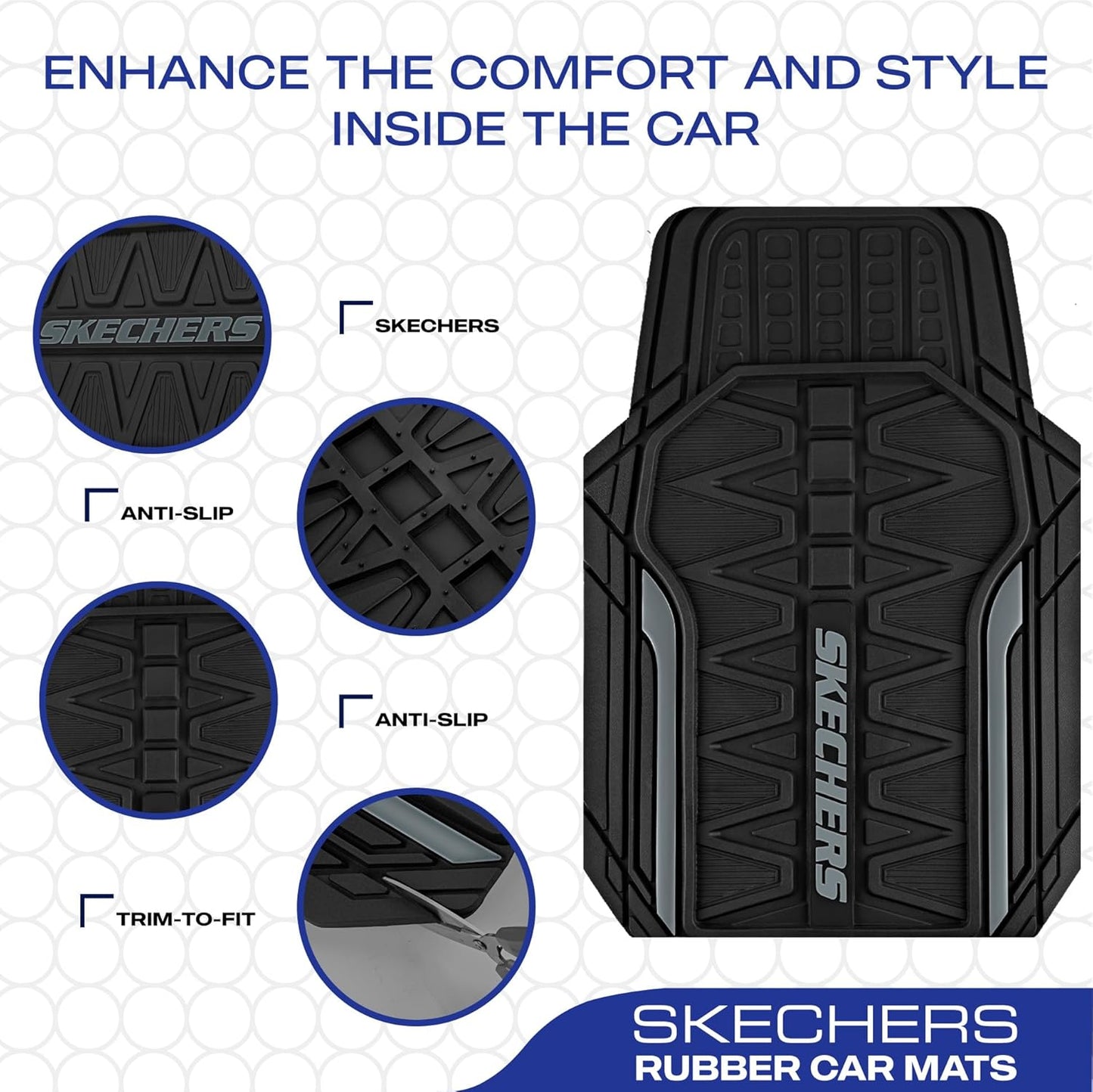 Skechers Car Floor Mats,Heavy Duty Rubber Car Mats Full Set,All Weather Floor Mats,Waterproof Trim to Fit Universal Floor Liner Car Accessories,Automotive Floor Mats for Cars Trucks SUV,Grey