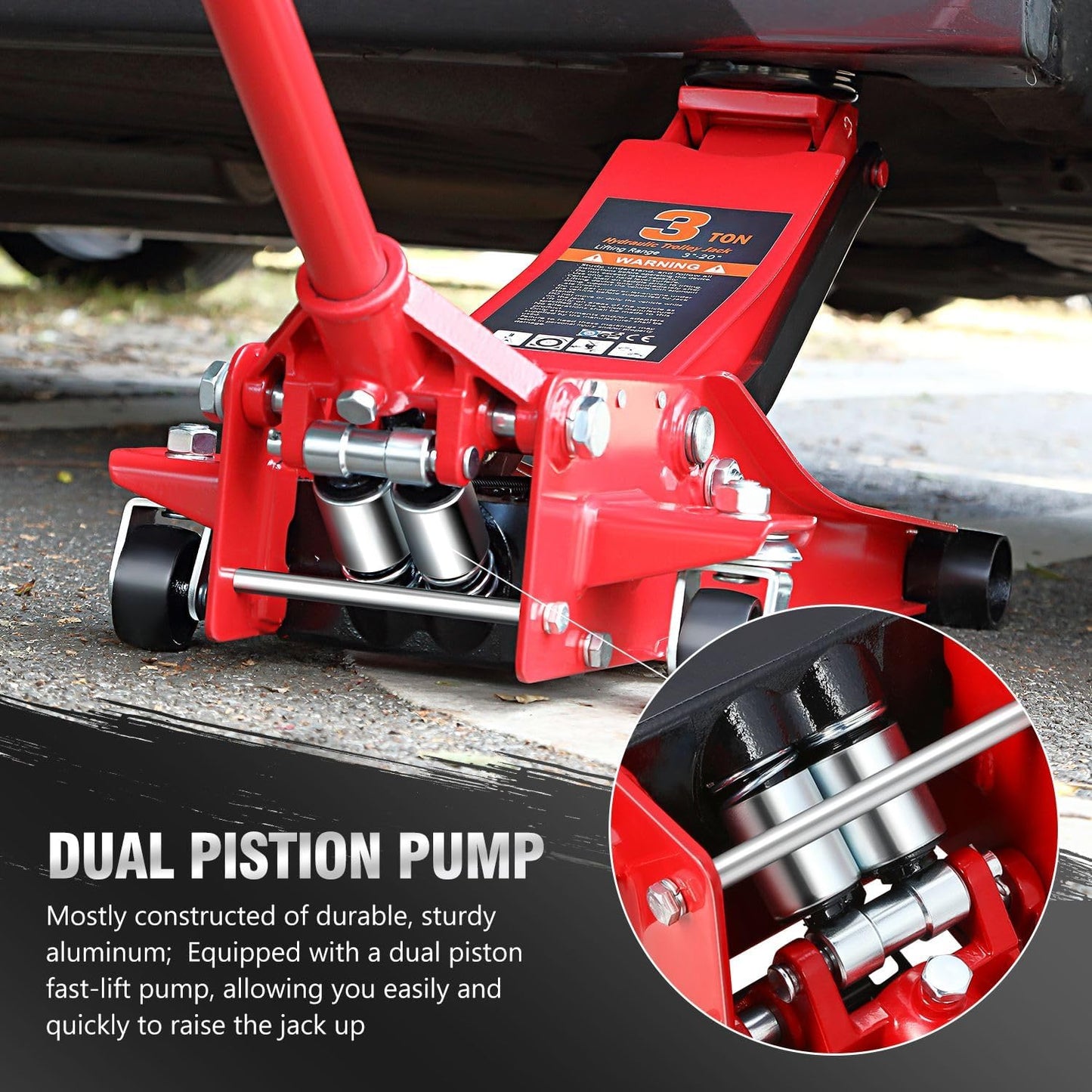 DNA MOTORING Low Profile Hydraulic Trolley Service/Floor Jack, 3 Ton (6000 lbs) Capacity Heavy Duty Hydraulic Car Jack, Lifting Range 3"-20", TOOLS-00475-RD