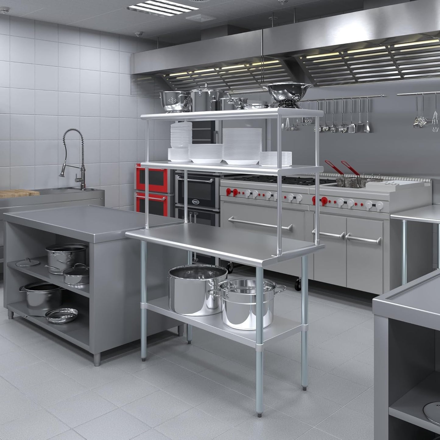 Amgood Stainless Steel Work Table Double Tier Overshelf | Metal Kitchen Prep Table & Shelving Combo | NSF (24" x 48" Work Table + 18" Overshelf)