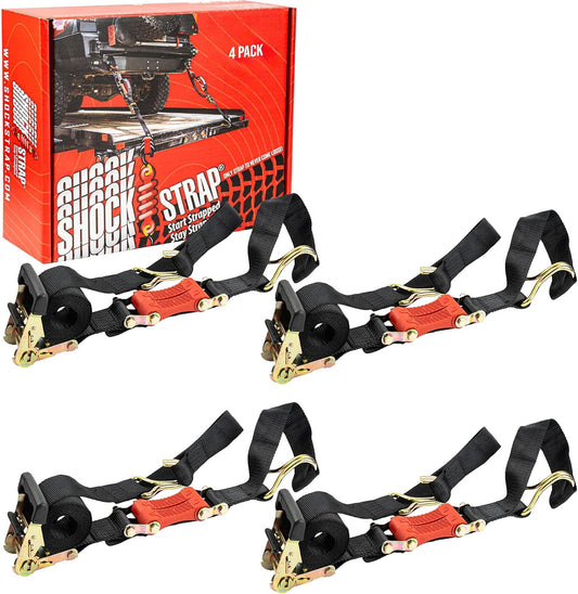 Ratchet Strap, 9' x 2" Shock Absorbing Heavy Duty Tie downs for Cargo, 2,000 LB WLL / 6,000 LB Break Strength, 4-Pack