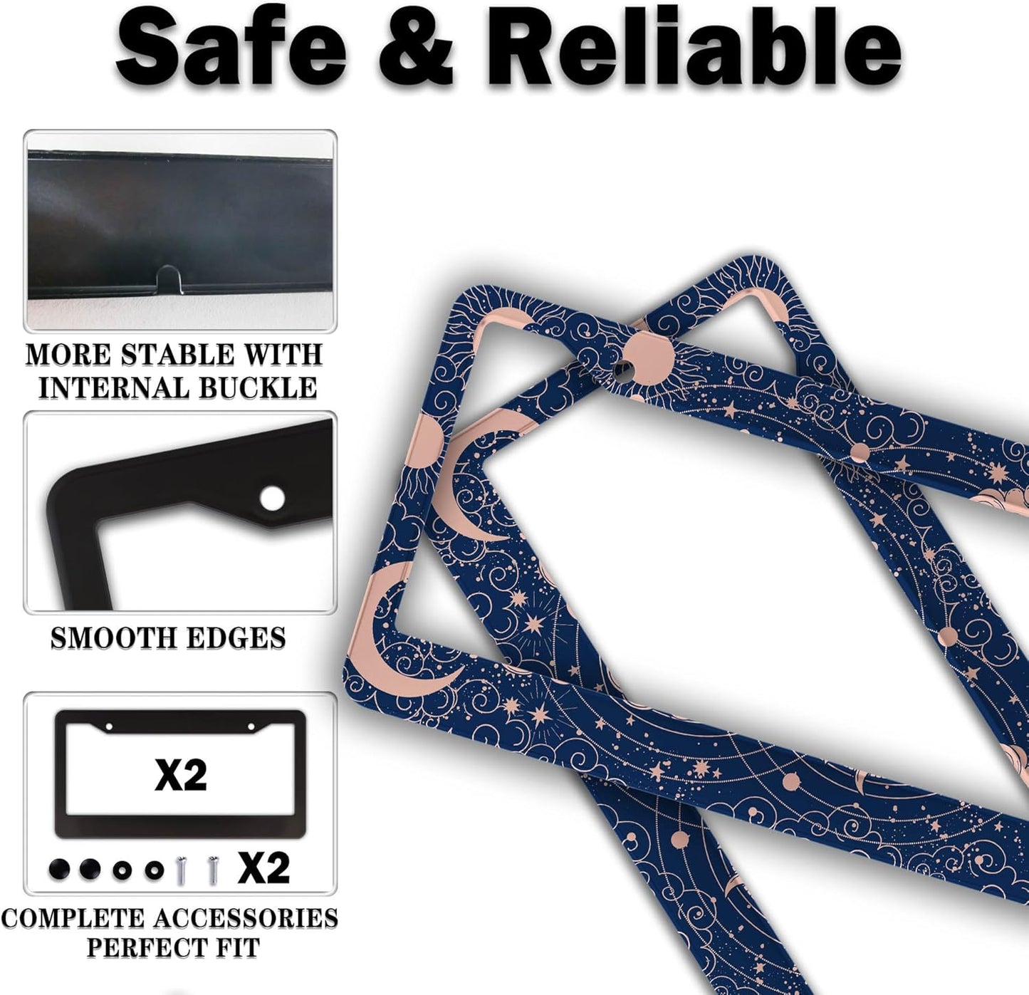 License Plate Frames for Women Blue License Plate Holder for Men Moon Sun Universal Aluminum Car Accessory 2 Pack with Screw Covers Set