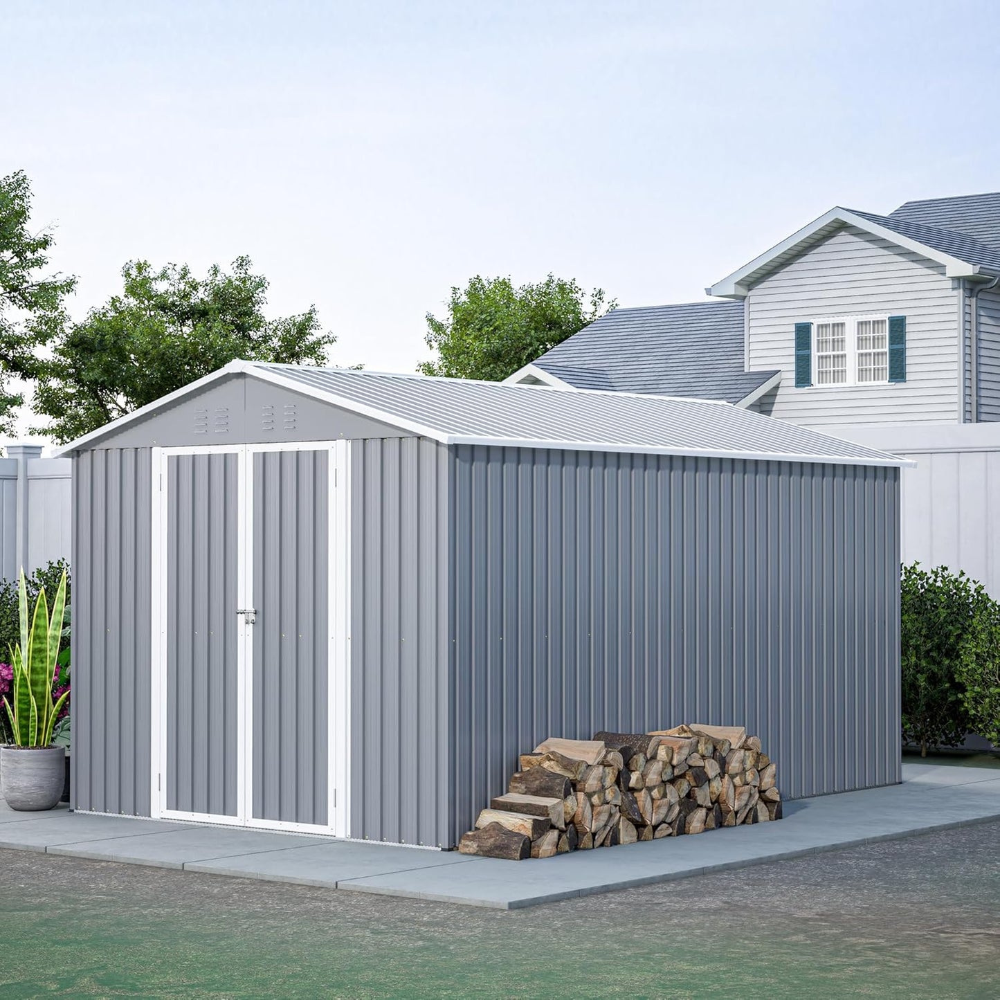 8x12 FT Outdoor Storage Shed,Metal Shed W/Floor,Garden Storage Shed W/ 1 Lockable Hinged Door,All Weather Waterproof Tool House W/ 2 Air Vents & Sloped Roof,for Backyard,Patio,Lawn,Gray