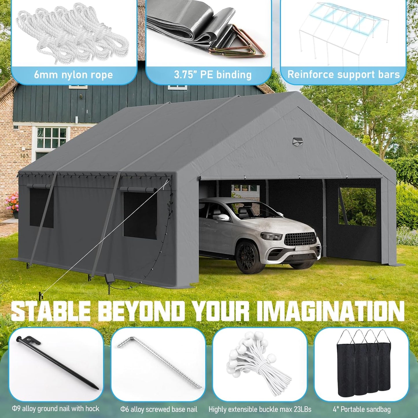 20x20 Carport, Heavy Duty Carport Canopy Garage with Removable Sidewalls and Drive Through Roll Up Zipper Doors, Grey