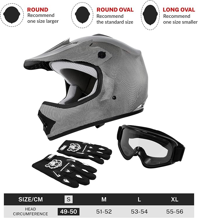 XFMT DOT Youth Kids Dirt Bike Helmet Full Face Motocross Helmets for Off-Road ATV Street Bike Four Wheeler Motorcycle with Goggles & Gloves (Carbon Fiber, Small)