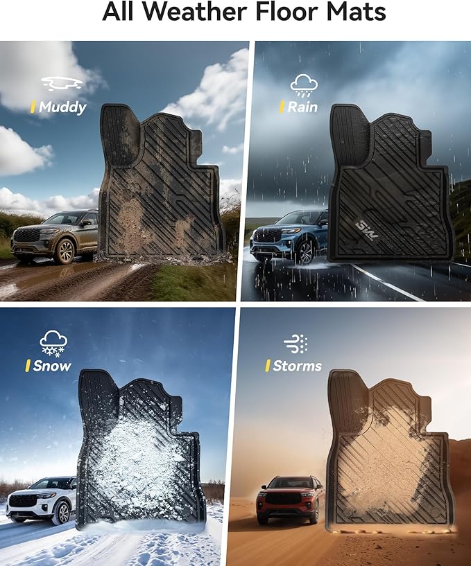 3W Ford Explorer Floor Mats - All Weather TPE Liners, Custom Fit for 6 Passenger 3-Row Explorer (2020-2025) & Hybrid