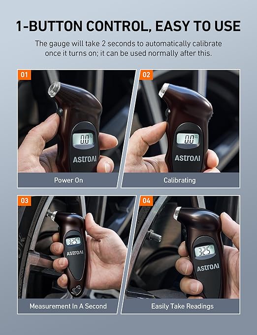 AstroAI Digital Tire Pressure Gauge 0-150PSI, Accurate in 0.1 Increments, Tire Gauge with Backlit LCD and Presta Valve Adaptor, 4 Units of Measurement for Car Truck Bicycle, Brown
