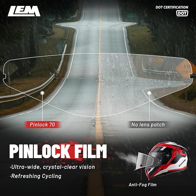 LEM Modular Motorcycle Helmets Fiberglass, Full Face Motorcycle Helmet Flip Up for Touring, DOT Certified, Release Sun Visor & Removable Comfort Liner, Lightweight Street Bike Helmet (Red/White,L)