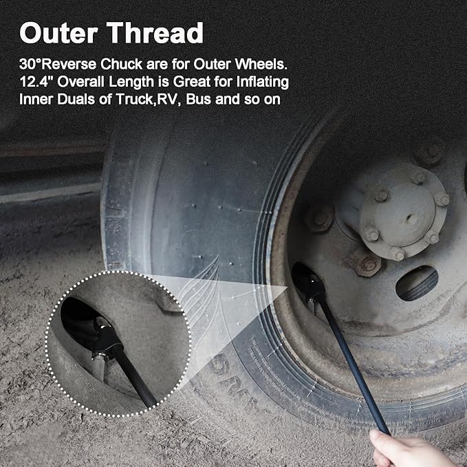 GODESON Air Chuck,12" Extended Reach Air Chucks for Tires，Heavy Duty Dual Head Air Chuck for Semi Tire Inflation,1/4" FNPT Straight Air Chuck for Truck RV Semi Dually Tires