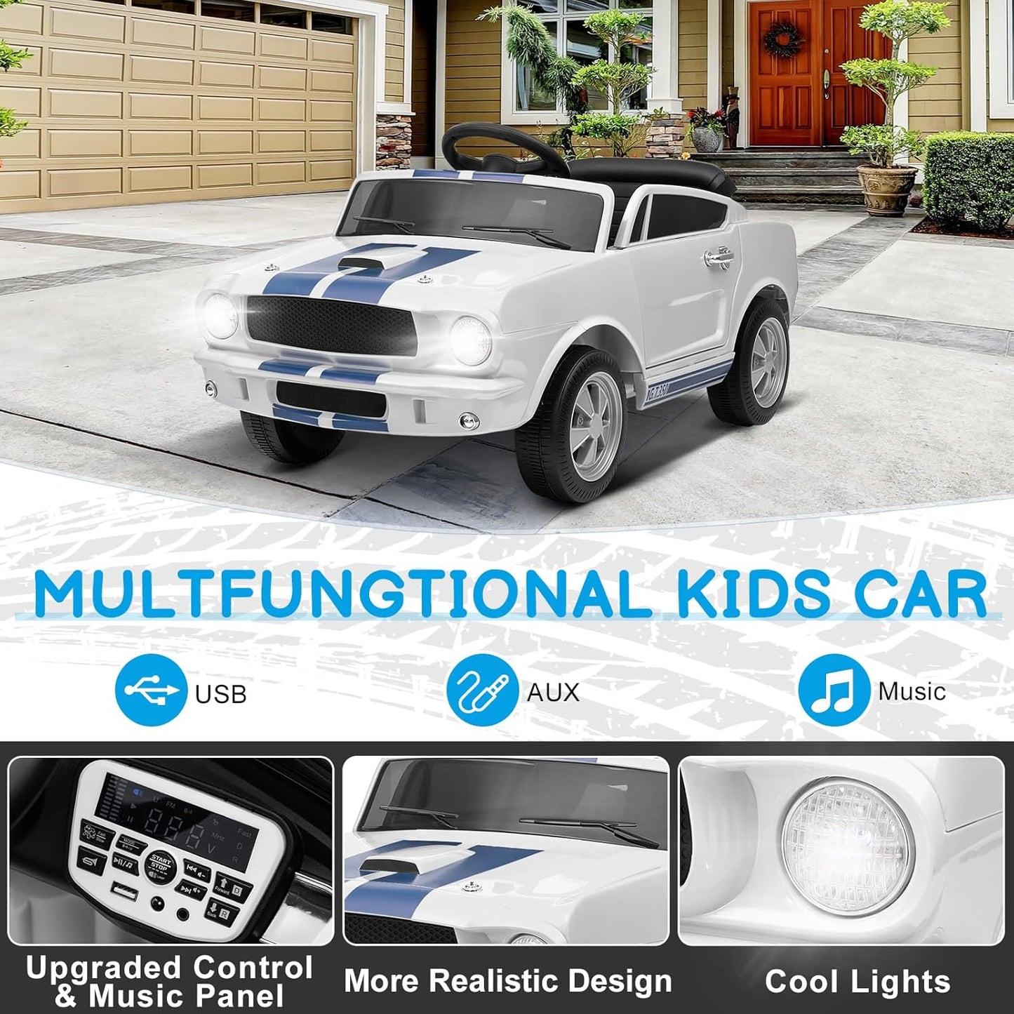 Winado Licensed Shelby Electric Car for Kids, Battery Powered Ride On Toy for Toddlers with Remote Control, Upgrade Display Panel, Bluetooth, Shock Absorbers, Safety Belt, 3 Speeds, LED Lights - White