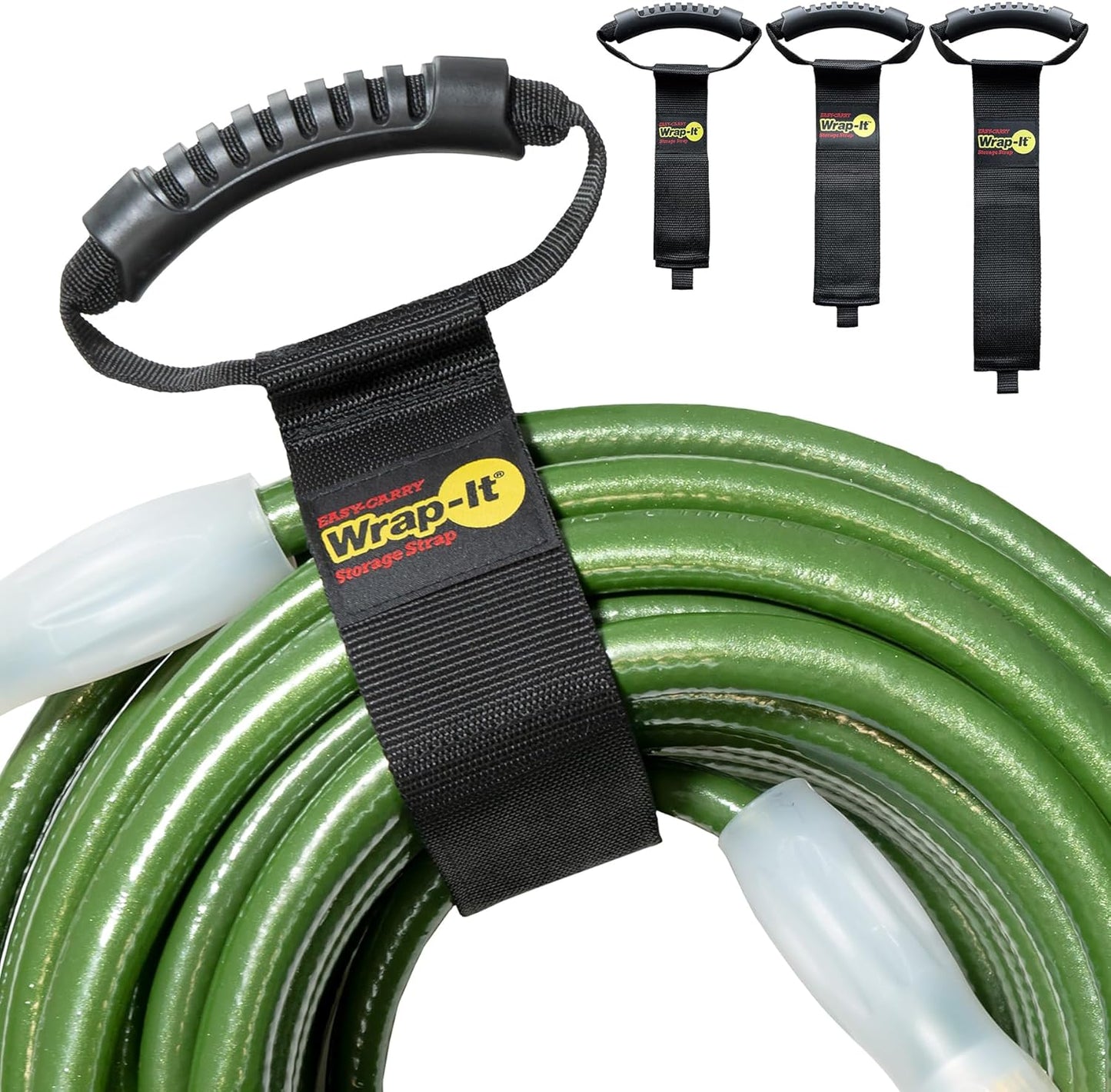 Wrap-It Storage Easy-Carry Straps - Assorted 3-Pack Black – Hook and Loop Straps with a Carrying Handle for Garden Hose, Extension Cord, Cable, Garage, Boat, RV Accessories Organization