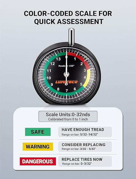 Tire Tread Depth Gauge, Dial Type Tire Depth Gauge Reads in 1/32" for Tread Wear, Professional Pocket Tire Gauge with Case for Truck, Motorcycle, Car and Bus Tyre in 32nds