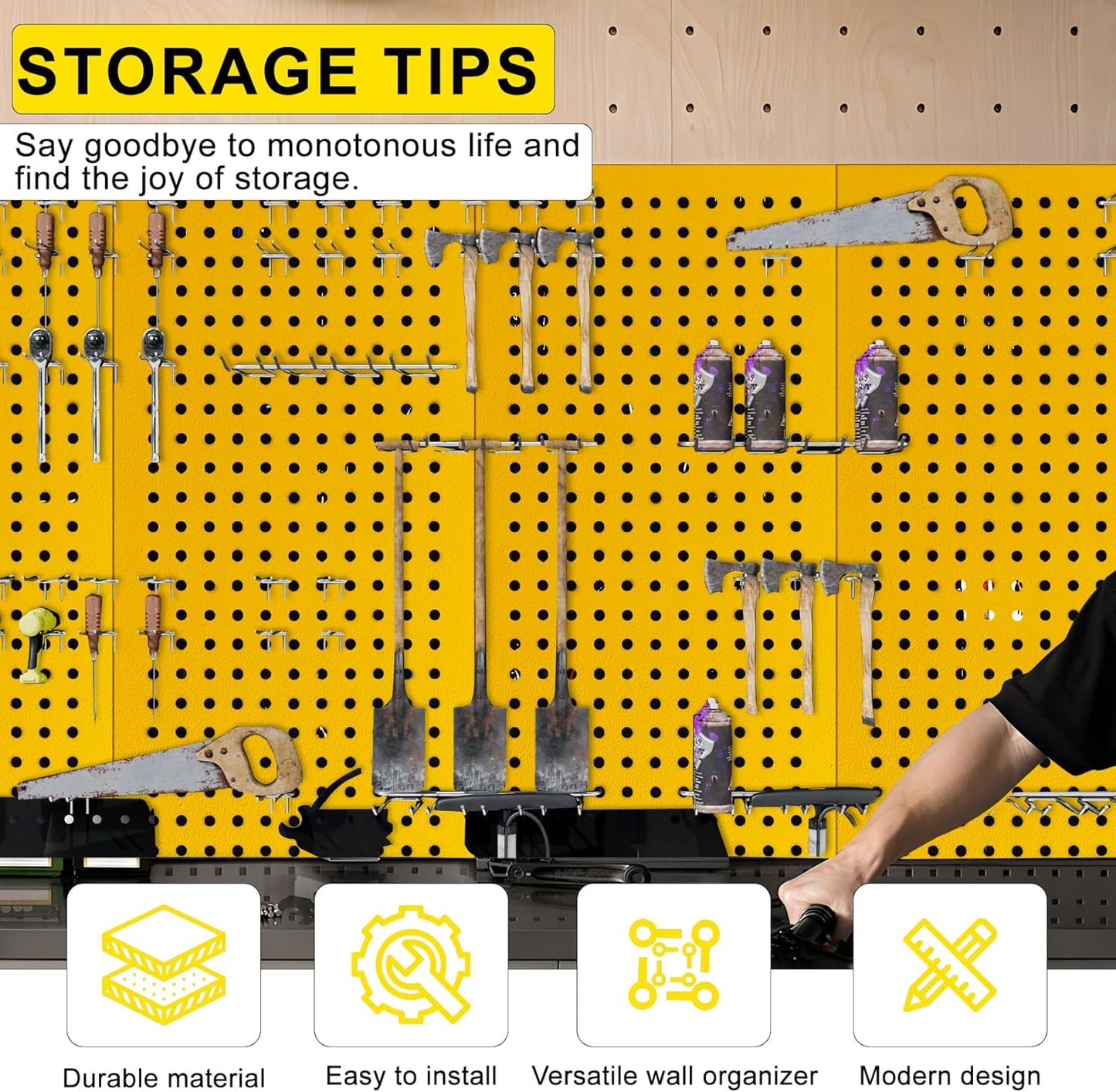 Metal Peg Board Panels for Workbench, Shop, Shed Modular Peg Board Organizer Board Kit, pegboard Wall Organizer(4 Pack, Yellow)