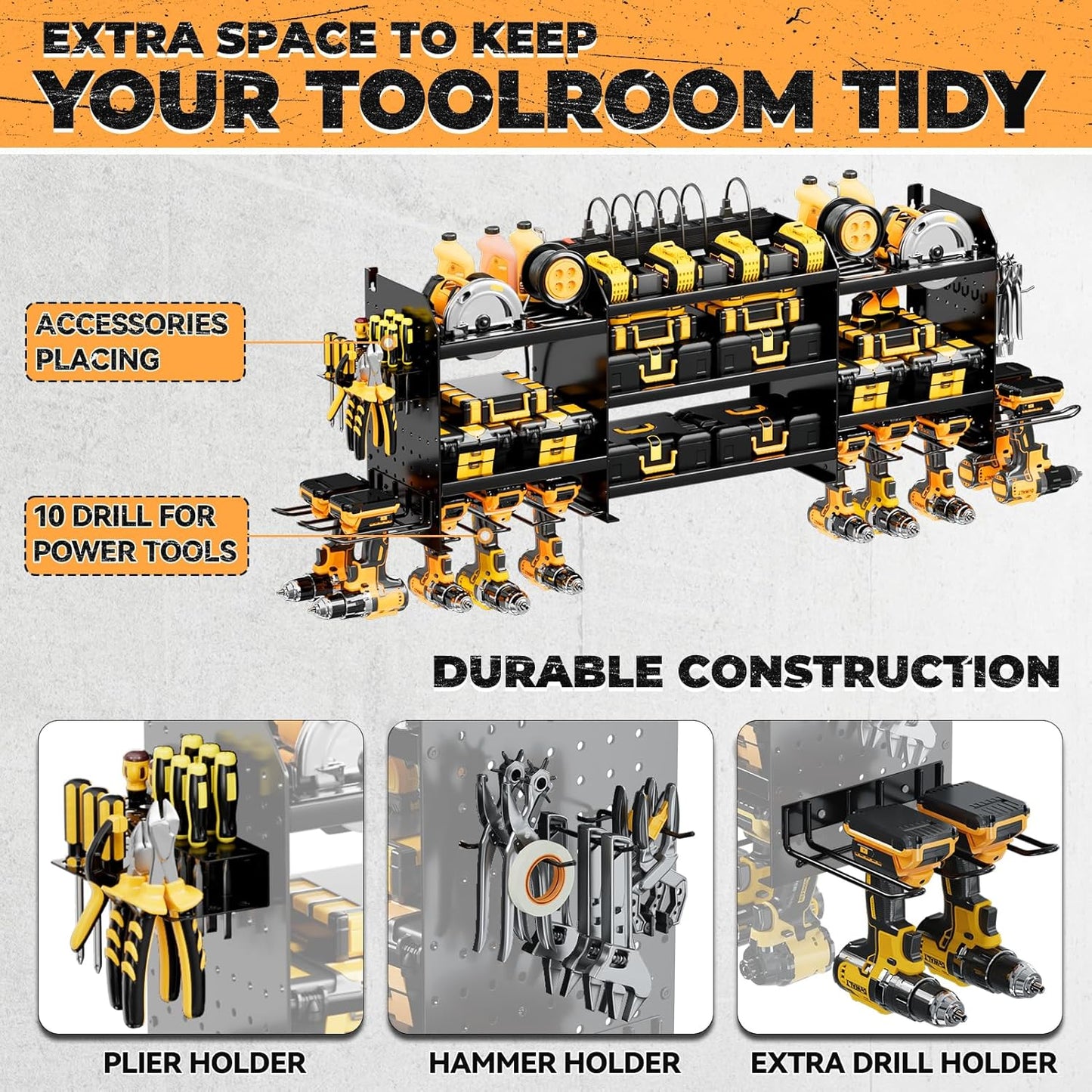 Upgrade Large Power Tool Organizer Wall Mount with Charging Station Tool Storage Rack with 6.5FT Power Strip 10 Drill Holder and Storage Rack for Garage Organization