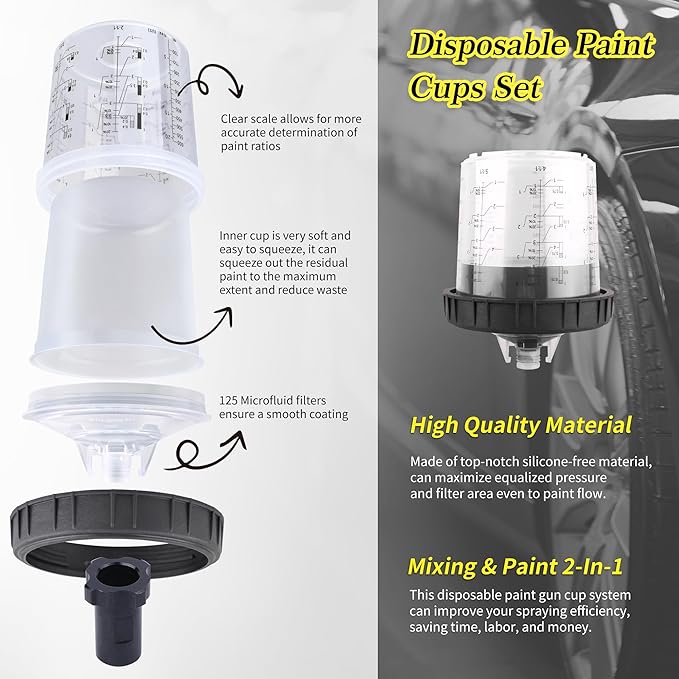 HVLP Spray Gun with 10Pcs 600ML Disposable Paint Cups, 4 Nozzles,1.4/1.7/2.0/2.5mm, Automotive Gravity Feed Paint Spray Gun Kit with Air Compressor Regulator for Auto (Black)