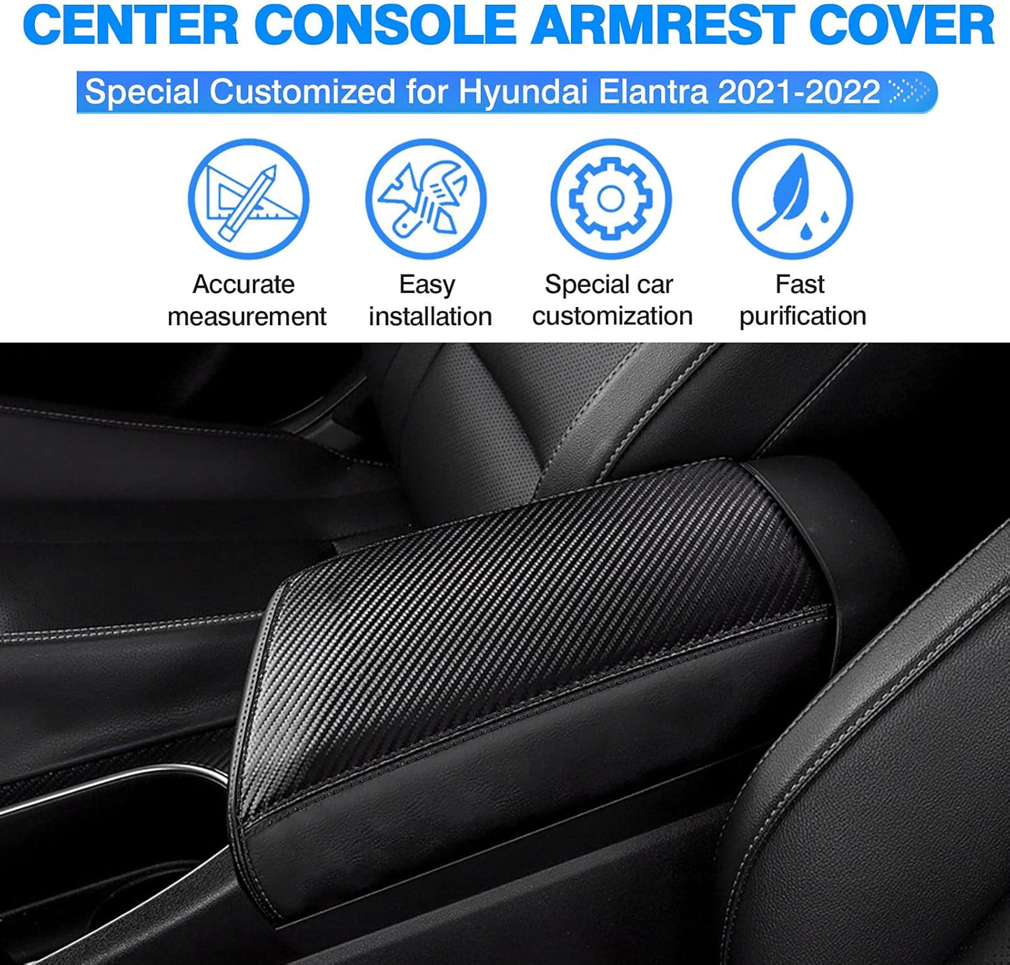 Autorder Center Console Cover for Hyundai Elantra 2021-2025 2026 Accessories Carbon Fiber Armrest Cover Anti-Scratch Leather Armrest Protector (Automatic Brake Only, Not for Handbrake)