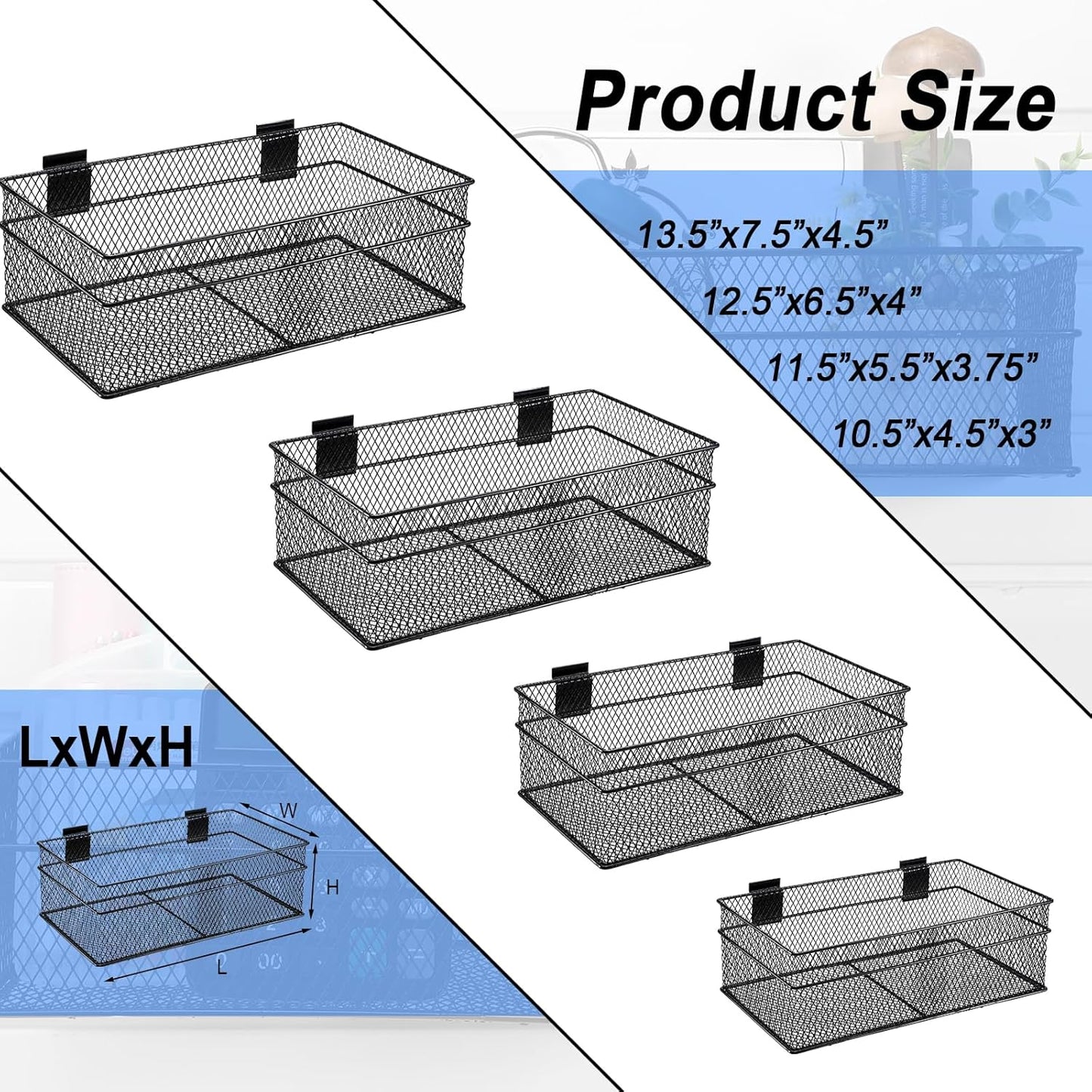 Barydat 4 Pcs Slatwall Basket Set Ventilated Metal Slatwall Basket Hanging Wire Bins Wall Mounted Accessories for Panel Garage Storage Display Organizing(Multi Size,Black)
