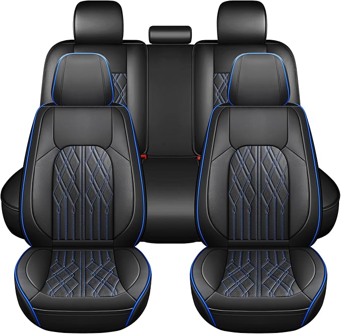 Huidasource Car Seat Covers Full Set, Leather Vehicle Cushion Covers, Universal Fit Most Car Sedan SUV Pickup Truck, Fit for Acura Honda City Nissan Altima Mazda Hyundai Audi (Full Set/Black&Blue)