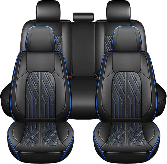 Huidasource Car Seat Covers Full Set, Leather Vehicle Cushion Covers, Universal Fit Most Car Sedan SUV Pickup Truck, Fit for Acura Honda City Nissan Altima Mazda Hyundai Audi (Full Set/Black&Blue)