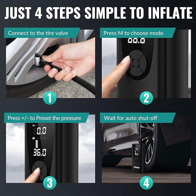 Tire Inflator Portable Air Compressor-Upgrade Air Pump for Car -180 PSI Electric Tire Inflation-Cordless Tire Pump with Pressure Gauge Emergency Light for Motor, Bike, Ball (Charcoal‌) (Charcoal‌)