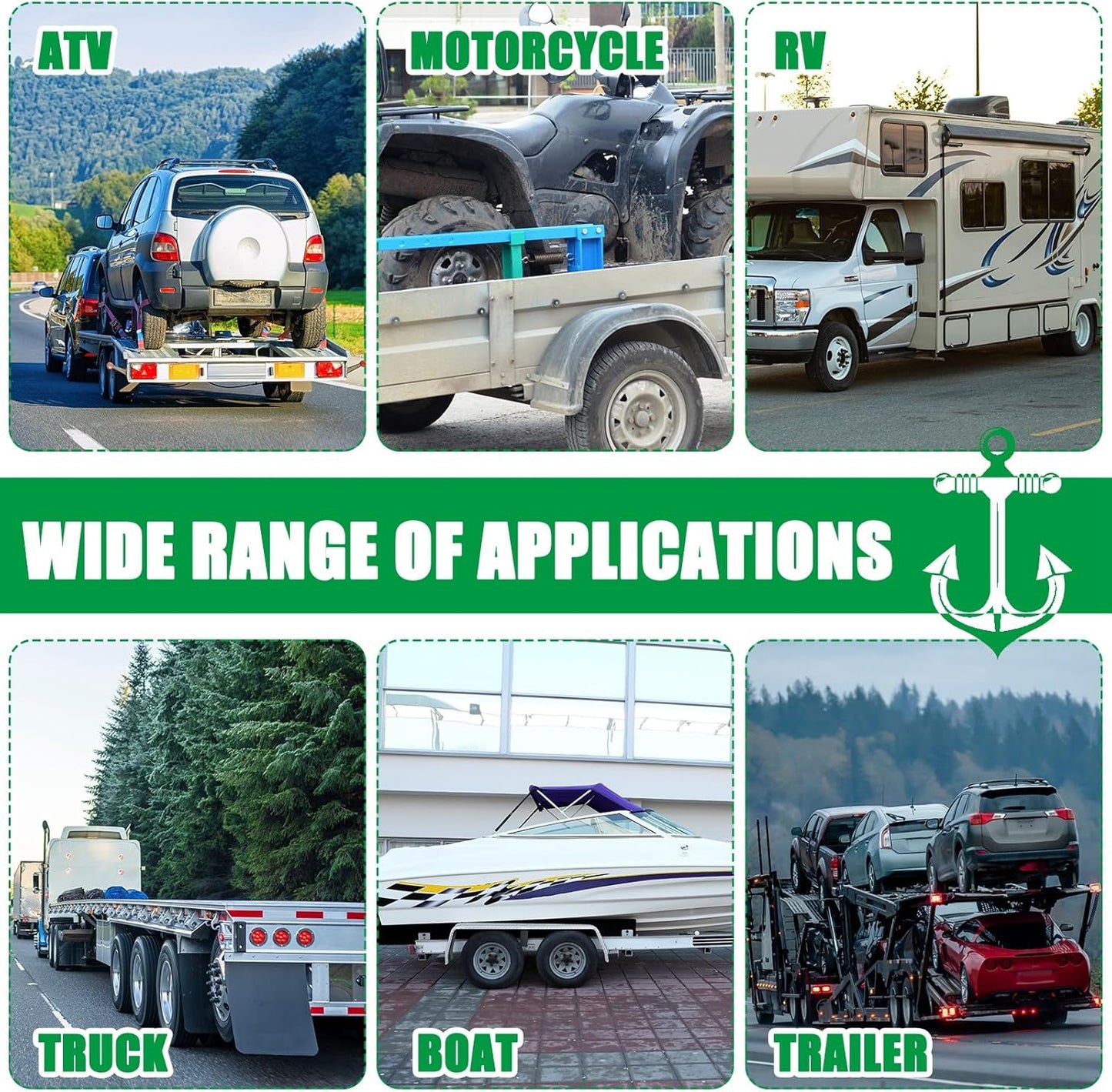 8Pack 2" X 10 ft Tow Truck Straps Lasso Wheel Lift Straps Lasso Tow Strap with D Ring 11, 000 Lbs Break Strength Auto Tie Down Auto Hauler for Trailer Truck Tie (Green)