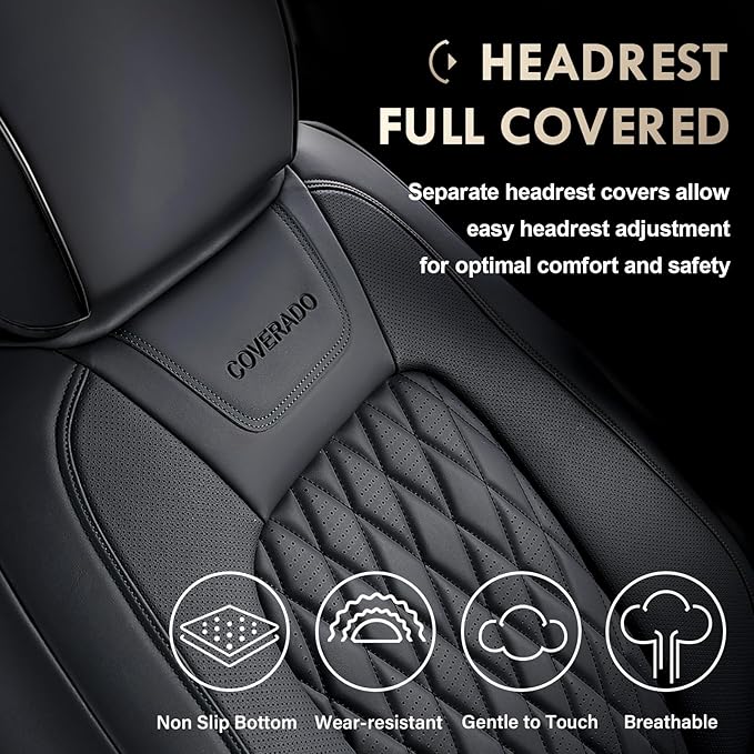 Coverado Leather Seat Cover, Custom Fit for Ford F150 Seat Covers, Ford F150 Truck Seat Covers Waterproof Fit for 2015-2025 F150 & 2017-2025 F250 F350 F450 Black - Front Pair