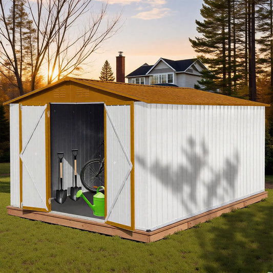 10 x 12 FT Outdoor Storage Shed, Metal Garden Tool Shed with Slooping Roof, Lockable Doors and Windows, Easy to Assemble for Garden, Patio, Lawn, White+Yellow