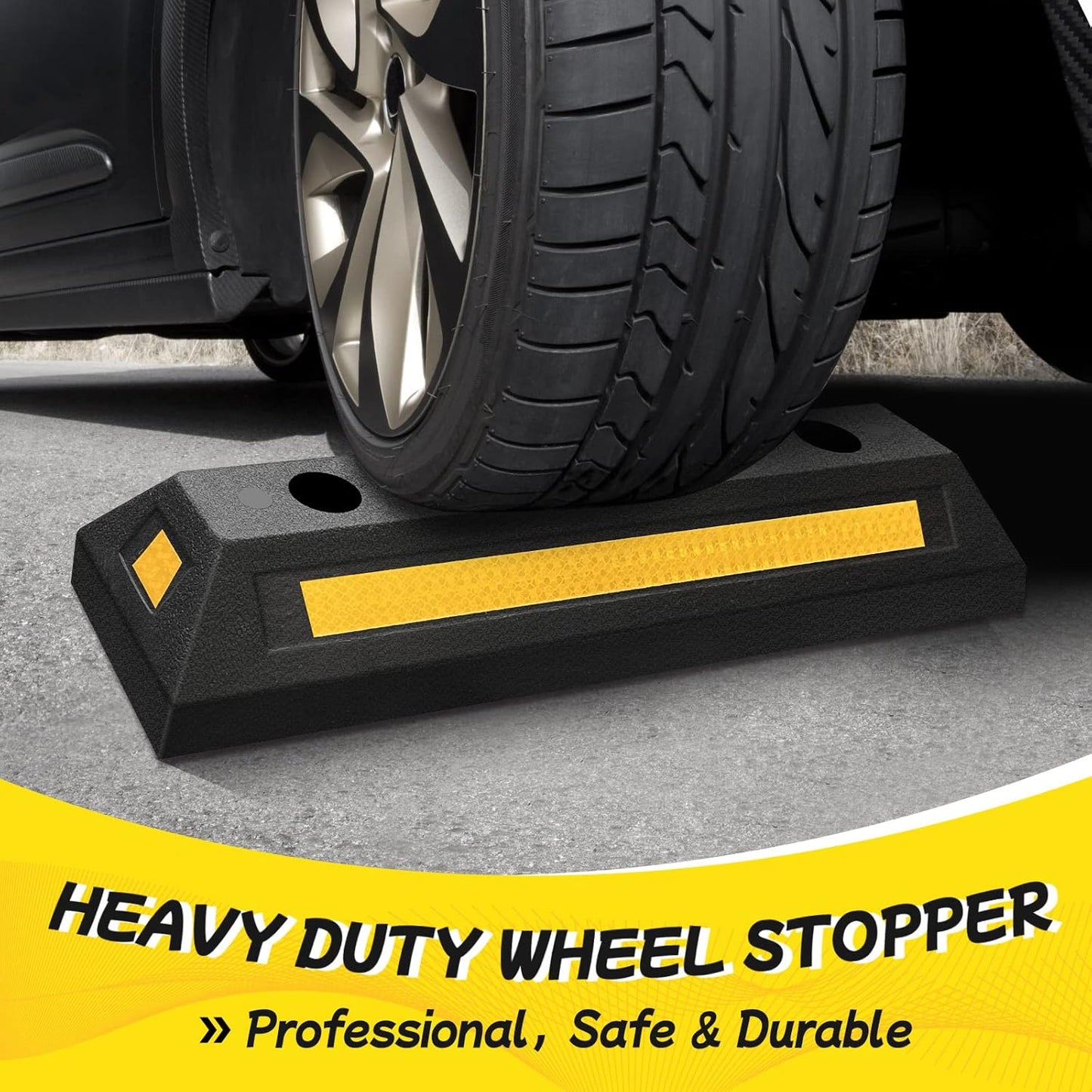 Car Parking Stopper – 2PCs Heavy Duty Rubber Curb Car Stop for Garage and Driveway, Parking Aid, 18” Tire Wheel Stop for Cars, Vans, Trucks – Prevents Hitting Wall or Barrier – Easy Installation
