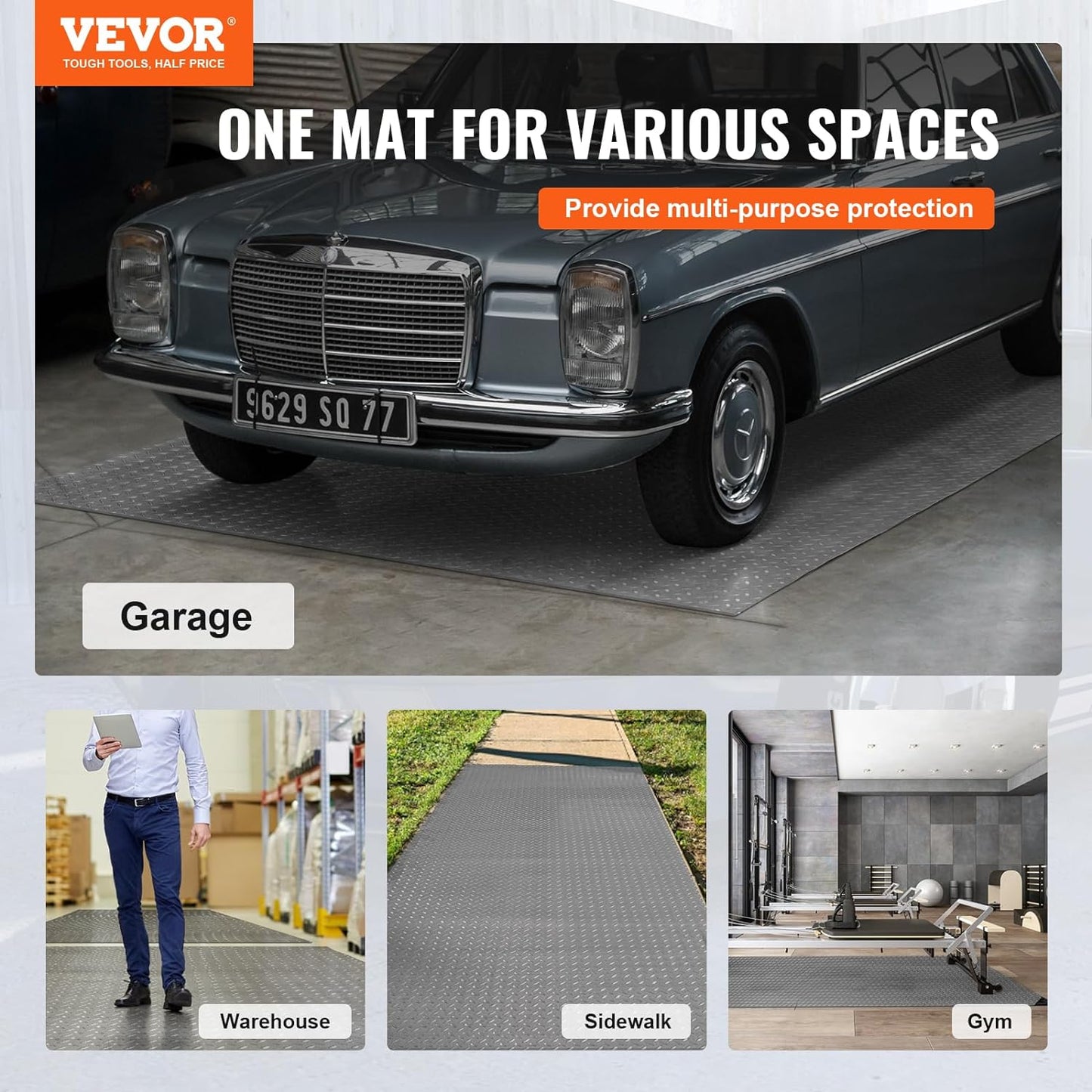 VEVOR Garage Floor Mat, 9.2 x 4.9 FT PVC Garage Flooring Roll, Non-Slip Diamond Texture, 45.21 sq.ft Covering Space, Garage Mats for Under Cars, for Gyms Boats Car Trailer, Silver