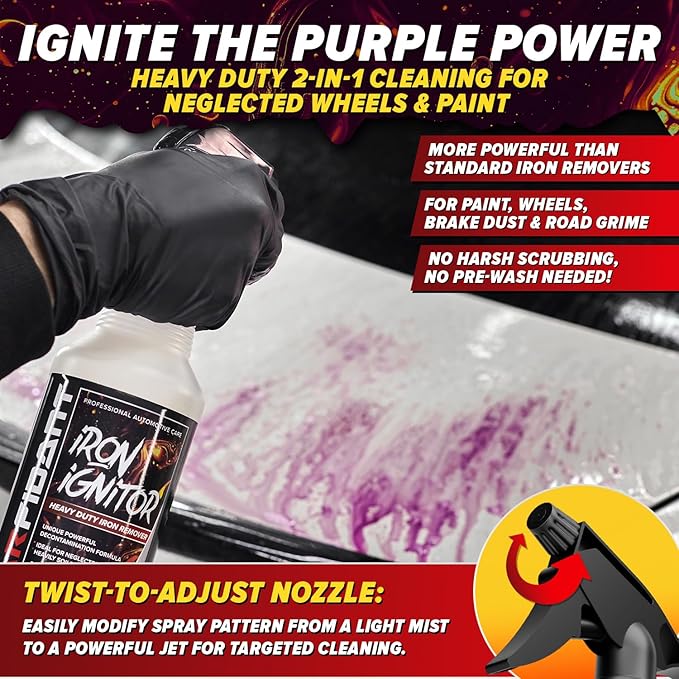 Carfidant Iron Ignitor - Iron Remover & Wheel Cleaner - Color-Changing Purple Decon Spray for Brake Dust, Rust, Fallout - Safe on Paint, Rims & Metal - Car Detailing - pH Neutral - 16oz. (2-pack)