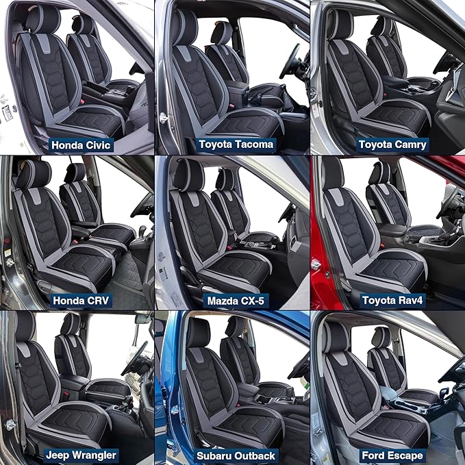 OASIS AUTO Car Seat Covers Front Seats, Waterproof Faux Leather Seat Covers for Cars Universal Fit for SUV, Truck, Sedan, Black Premium Car Seat Protector with Cushions (OS-004 Black&Gray)