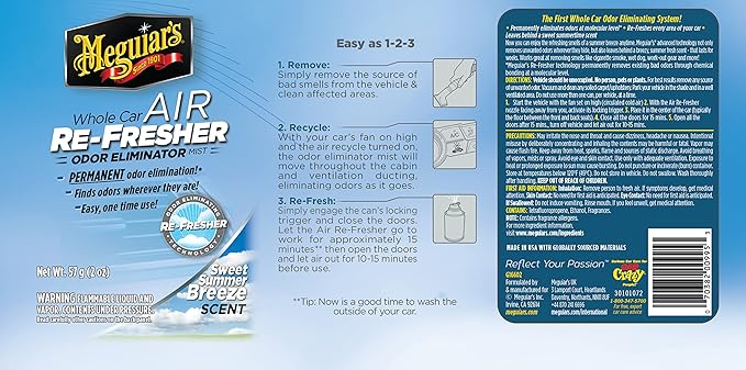 Meguiar's Whole Car Air Refresher, Odor Eliminator Spray Eliminates Strong Vehicle Odors, Summer Breeze 2 Oz Spray Bottle